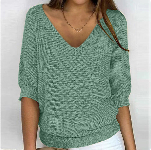 Damen nan lässiger Strickpullover mit V-Ausschnitt und Fledermausärmeln Echo Archiv