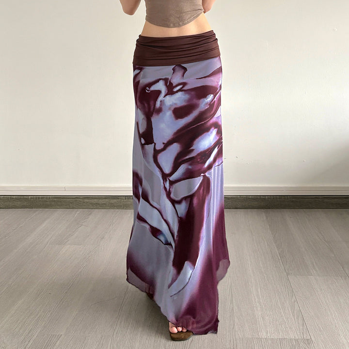 Damen Asymmetrischer Lagen-Chiffon-Maxirock mit Umschlagbund und Aquarellprint – Valéora
