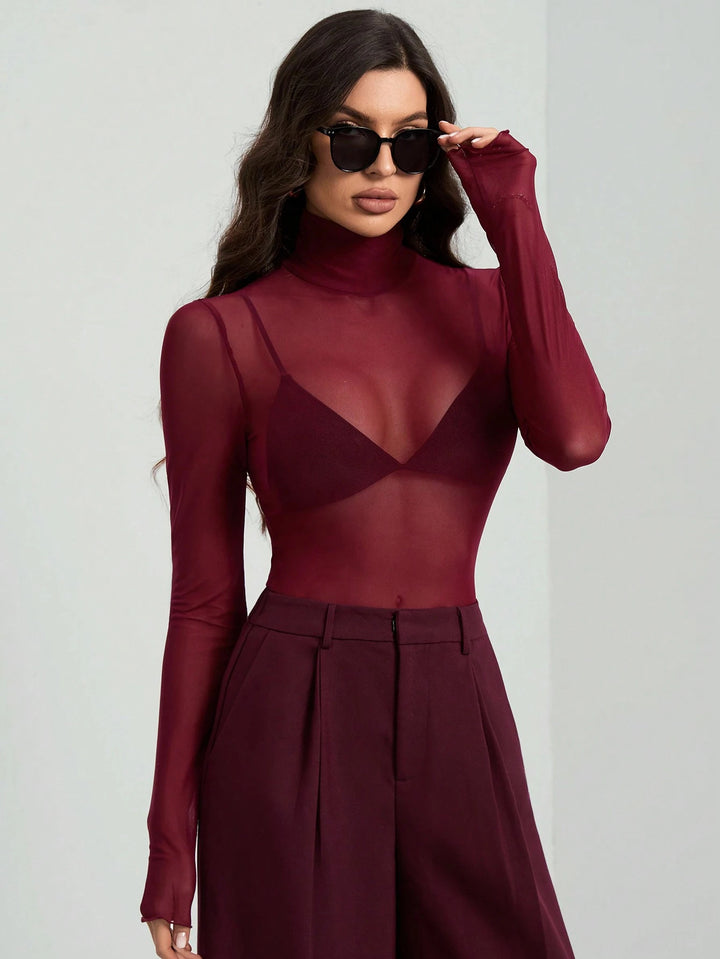 Damen nan feines transparentes Mesh-Langarmtop mit Rollkragen und figurbetonter Passform Echo Archiv