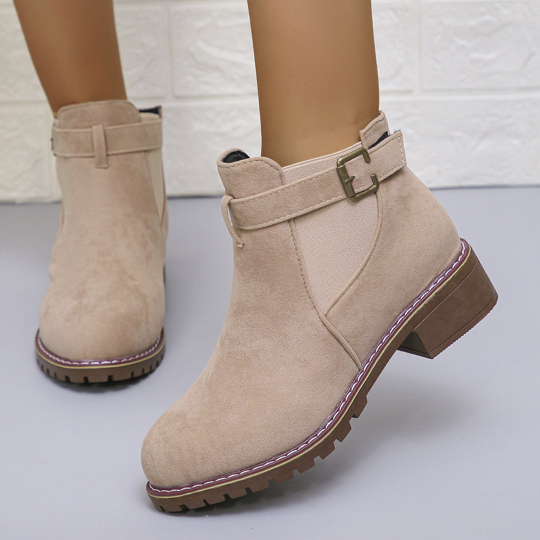 Damen kurze Ankle-Boots im Vintage-Velours-Look mit Schnallenriemen und profilierter Gummisohle Echo Archiv