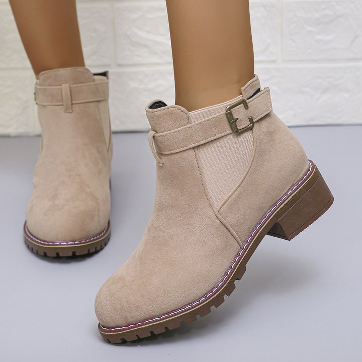 Damen kurze Ankle-Boots im Vintage-Velours-Look mit Schnallenriemen und profilierter Gummisohle Echo Archiv