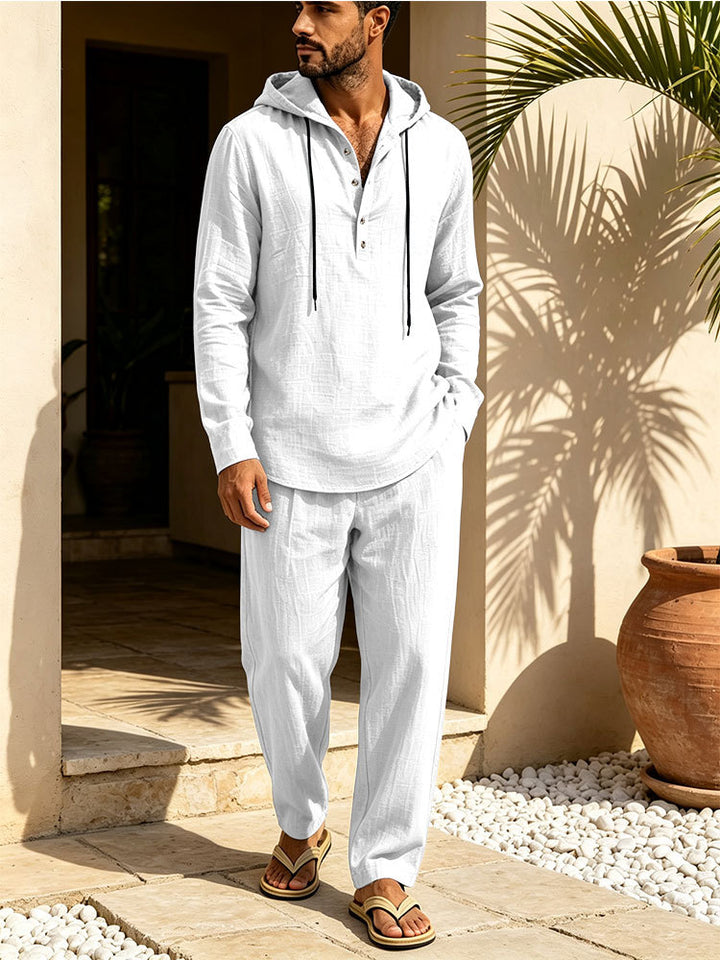 Herren Lässiges Leinen-Look Freizeit-Set mit Kapuzenhemd und weiten Hosen Echoarchiv