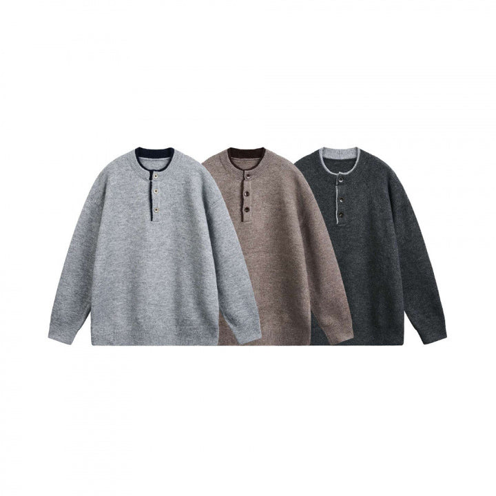 Unisex Grobgestrickter Henley-Pullover mit halber Knopfleiste und geripptem Ausschnitt Echo Archiv