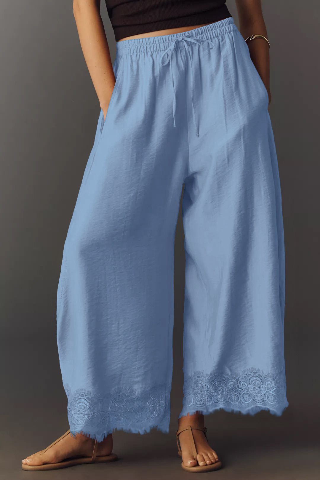 Damen Weite Palazzo-Hose mit elastischem Tunnelzugbund und Spitzenbesatz Echo Archiv