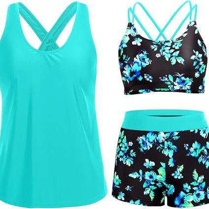 Damen Sportliches Tankini-Set mit floralem Oberteil und Shorts Echoarchiv