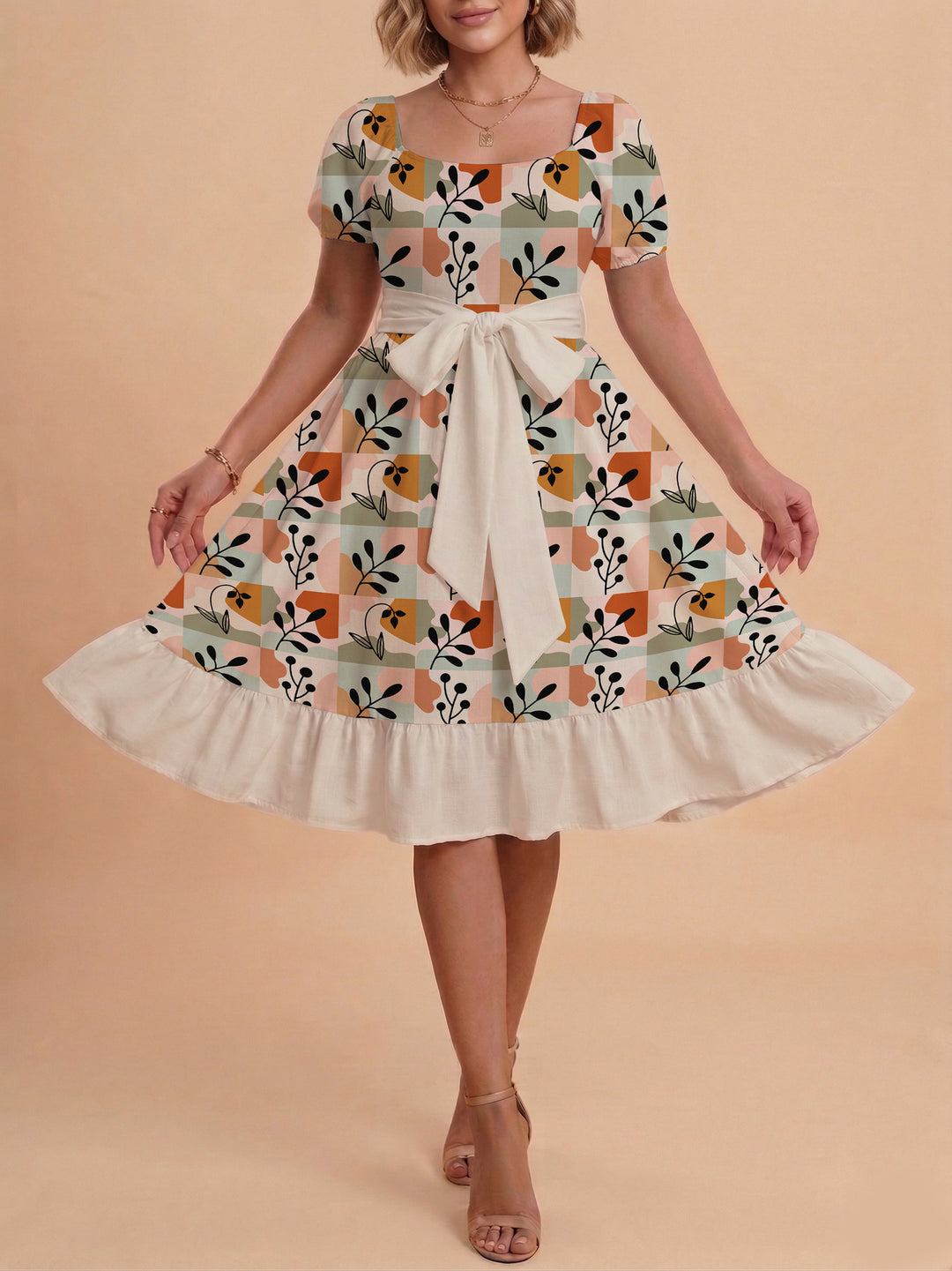 Damen Sommerkleid mit floralem Puffärmel und taillierbarem Gürtel Echo Archiv
