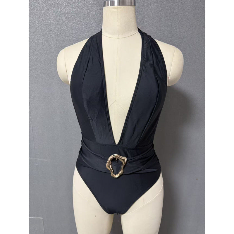 Damen Einteiler Badeanzug mit tiefem V-Ausschnitt und eleganter Gürtel-Applikation Echo Archiv
