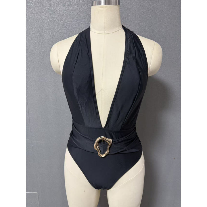 Damen Einteiler Badeanzug mit tiefem V-Ausschnitt und eleganter Gürtel-Applikation Echo Archiv