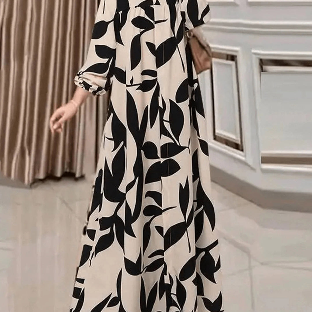 Damen Maxikleid mit lockerem A-Linien-Schnitt, weitem Fall und auffälligem Blattprint – Valéora