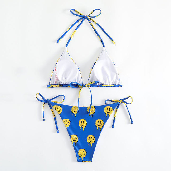Damen Triangel-Bikini mit fröhlichem Smiley-Muster und verstellbaren Bindebändern Echo Archiv