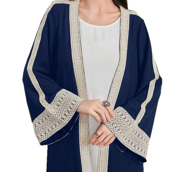 Damen Langes Open‑Front Kaftan‑Mantel mit Häkelspitzenbesatz Echoarchiv