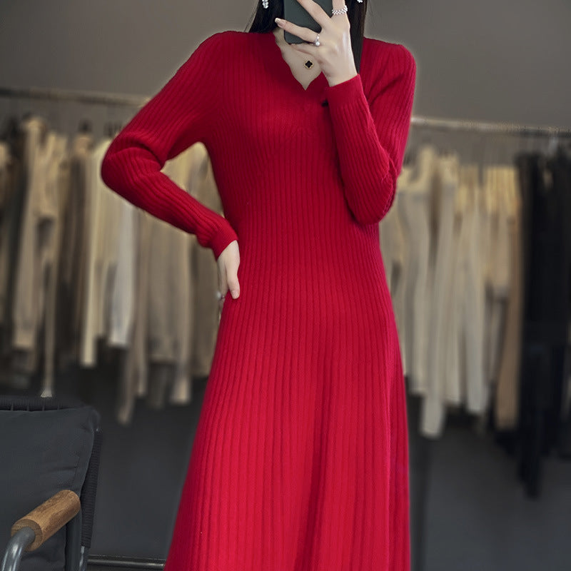 Damen Langes geripptes Strickmidikleid mit taillierter Silhouette und A‑Linien-Rock Echoarchiv
