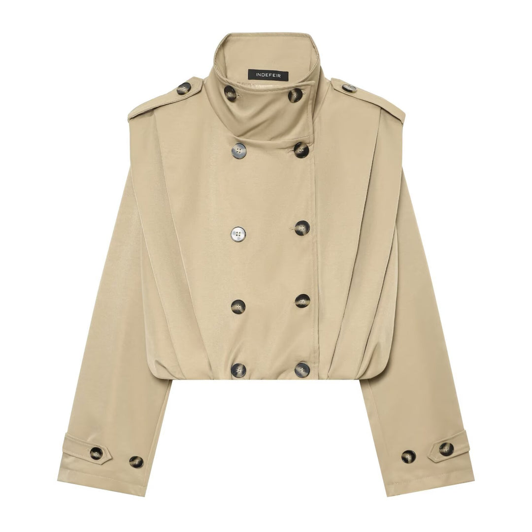 Damen Cropped Trenchjacke im Cape-Look mit doppelreihiger Knopfleiste und hohem Stehkragen Echoarchiv