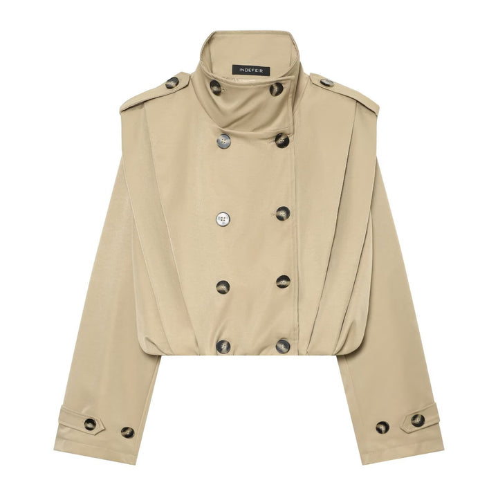 Damen Cropped Trenchjacke im Cape-Look mit doppelreihiger Knopfleiste und hohem Stehkragen Echoarchiv