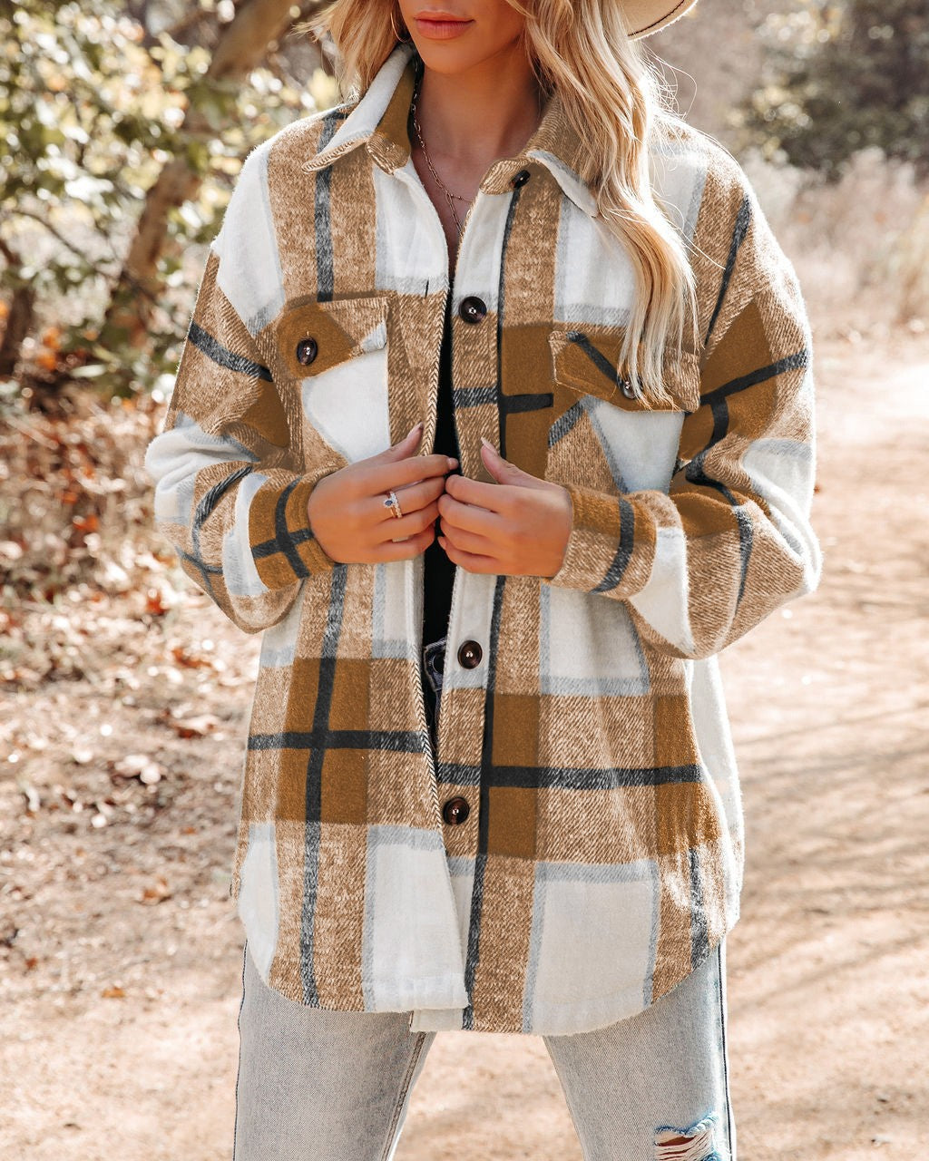 Damen Karierte Flanelljacke mit Brusttaschen Echoarchiv