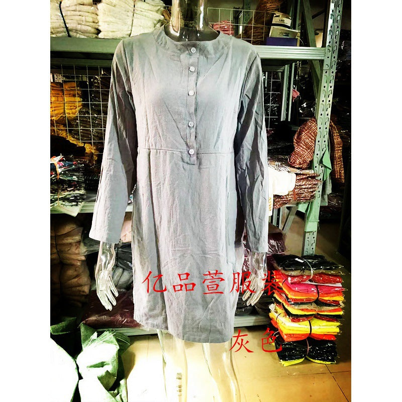 Damen Locker geschnittenes Leinenoptik-Kleid mit dreiviertel-Ärmeln, Knopfleiste und Eingrifftaschen Echo Archiv