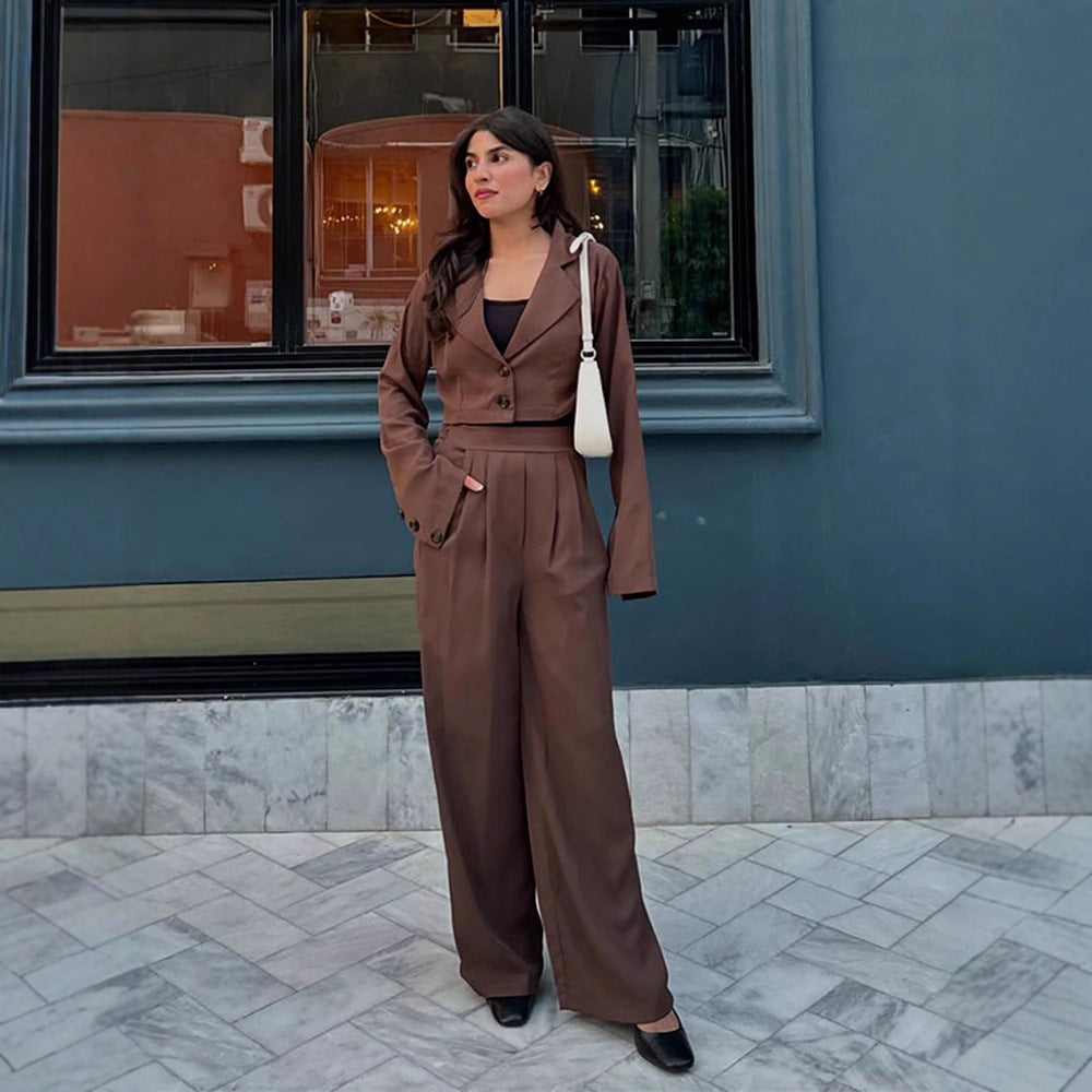 Damen Zweiteiliges Tailoring-Set Kurzblazer mit Glockenärmeln und High‑Waist Palazzohose Echoarchiv