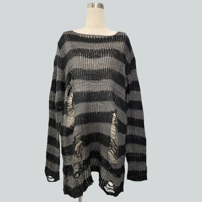 Damen nan Oversized Grobstrickpullover mit breiten Blockstreifen und aufgerissenem Design Echo Archiv