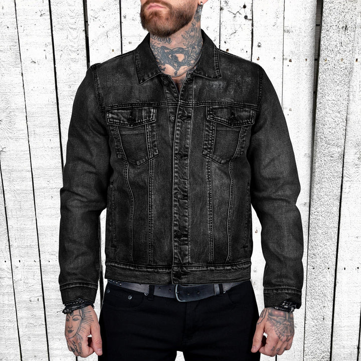 Herren nan taillierte Trucker-Denimjacke mit Pattentaschen, Metallknopfleiste und kontrastierenden Nähten Echo Archiv