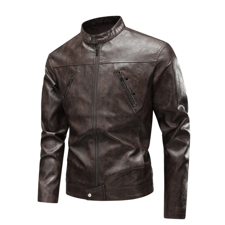 Herren Kunstleder-Bikerjacke mit Stehkragen, diagonalem Brustzipper & schmaler Silhouette Echoarchiv