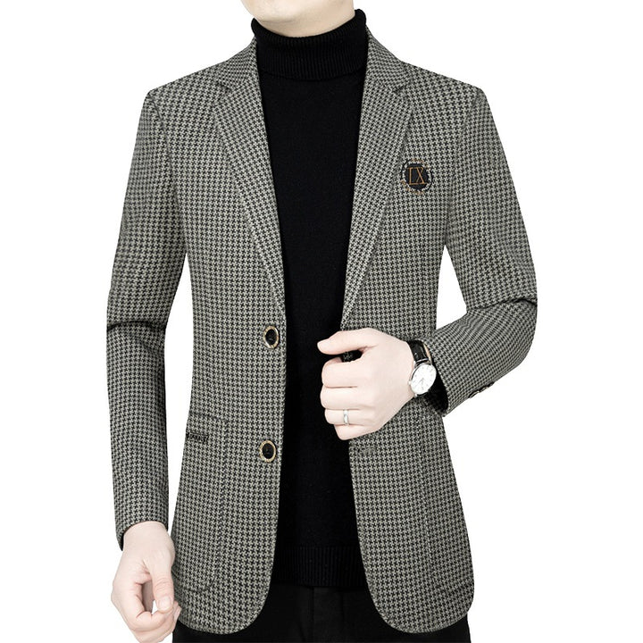 Herren Slim-Fit Sakko mit Hahnentritt-Muster und Wappen-Emblem – Tianoro