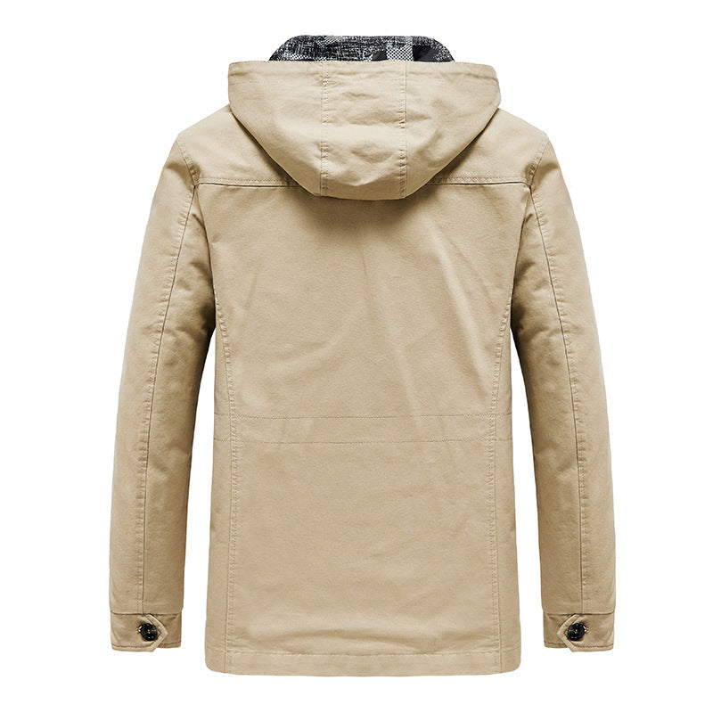Herren Kapuzen-Canvas-Fieldjacke mit Camouflage-Innenfutter, Multifunktions‑Taschen und Reißverschluss‑Knopfleiste Echoarchiv