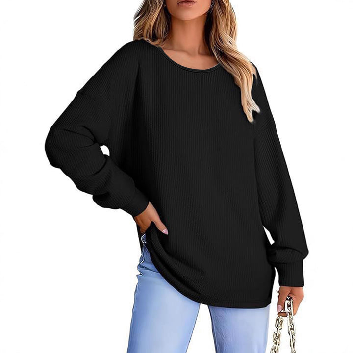 Damen Oversize Waffelstrickpullover mit Rundhals, Ballonärmeln und verlängertem Saum Echoarchiv