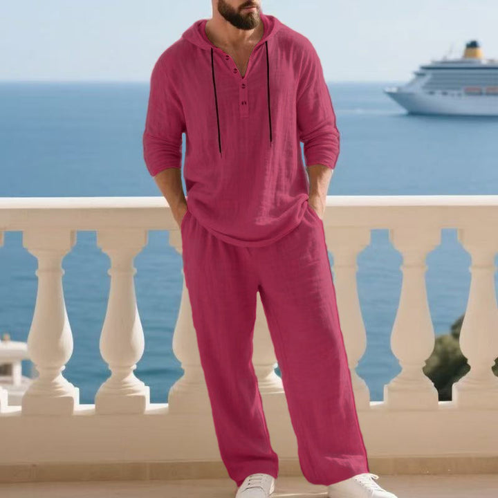 Herren nan lässiges Leinenzweiteiler-Set mit Kapuzenhemd im Henley-Stil und weiten Freizeit-Hosen Echo Archiv