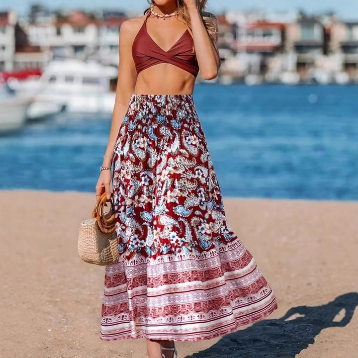 Damen Maxirock mit elastischem Smockbund und fließendem Paisley‑Print – Rosévia