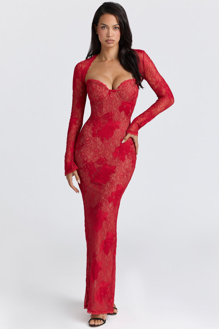 Damen Elegantes Spitzenabendkleid mit langem Arm und verführerischem Schnitt Echo Archiv