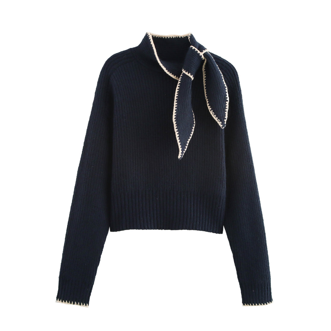 Damen Kurzgeschnittener Rippstrick-Pullover mit Hochkragen und integrierter Knoten-Schal Echoarchiv