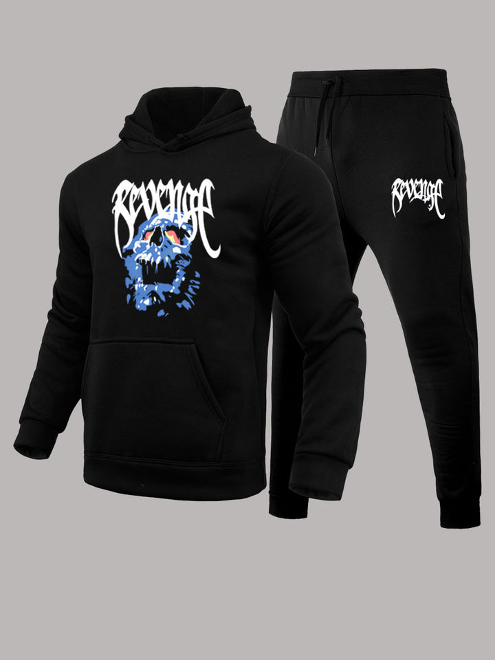 Herren Kapuzenpullover und Jogginghose Set mit künstlerischem Skull-Motiv Echoarchiv