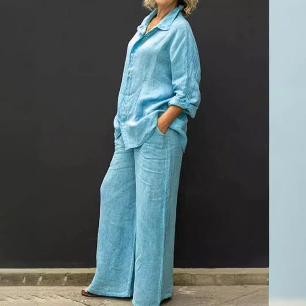 Damen Entspanntes Leinen-Set mit Oversize-Hemd und weiter Palazzo-Hose Echo Archiv