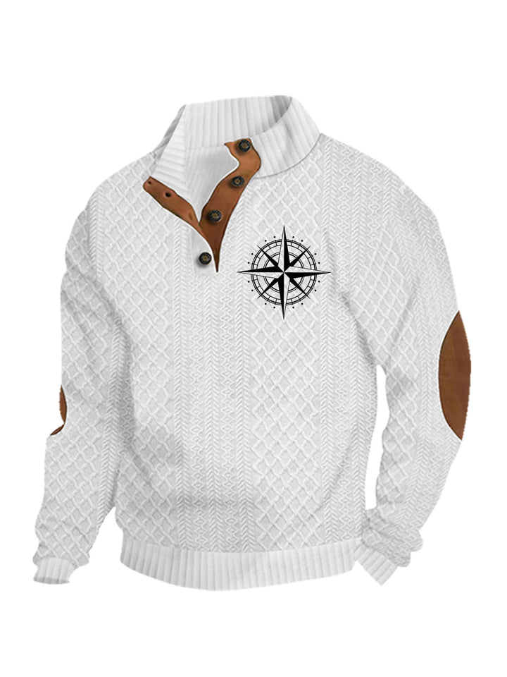 Herren nan Heritage-Strukturpullover mit Stehkragen Lederimitat-Besatz Ellenbogen-Patches und Halbknopfleiste Echo Archiv