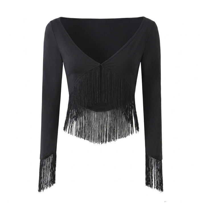 Damen Cropped V‑Neck Oberteil mit langen Ärmeln und dekorativem Fransenbesatz Echo Archiv