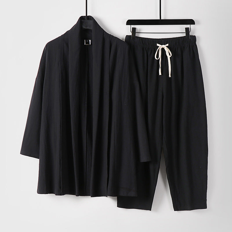 Unisex Lockeres Kimono-Lounge-Set aus leichter Baumwollmischung mit Schalkragen und Kordelbundhose Echoarchiv