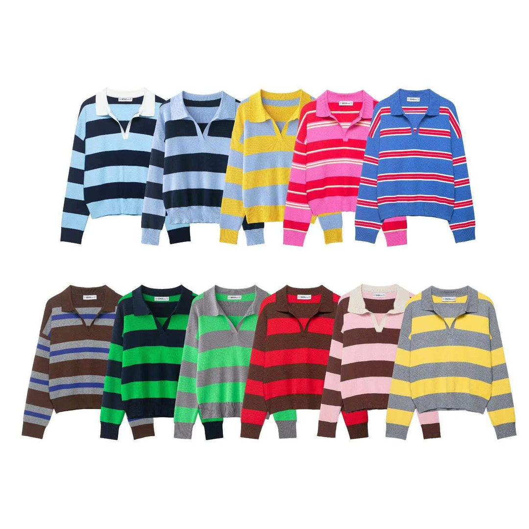 Damen nan gestreifter Rugby-Strickpullover mit Polokragen und weiter Oversize-Passform Echo Archiv