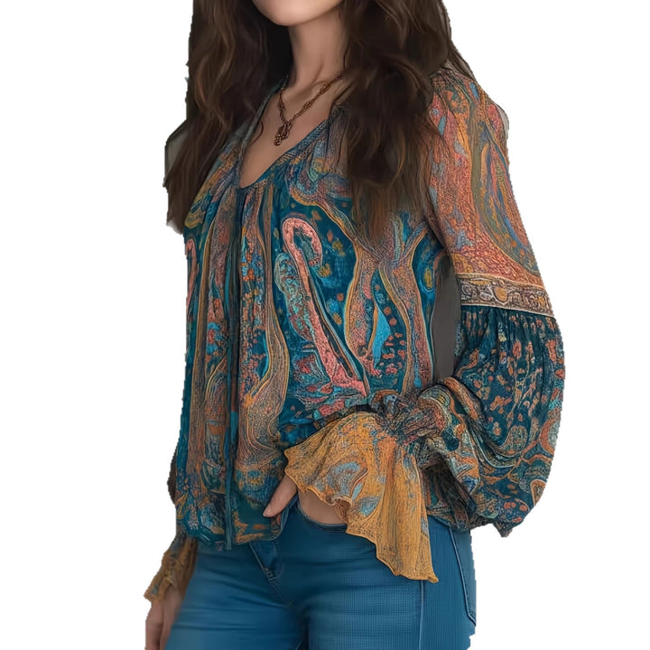 Damen Boho-Chic Bluse mit geflammten Ärmeln und V-Ausschnitt Echo Archiv