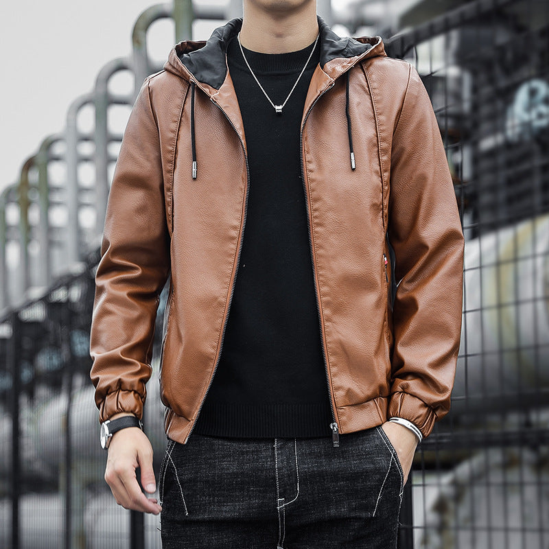 Herren Modische Kunstlederjacke mit verstellbarer Kapuze Echo Archiv