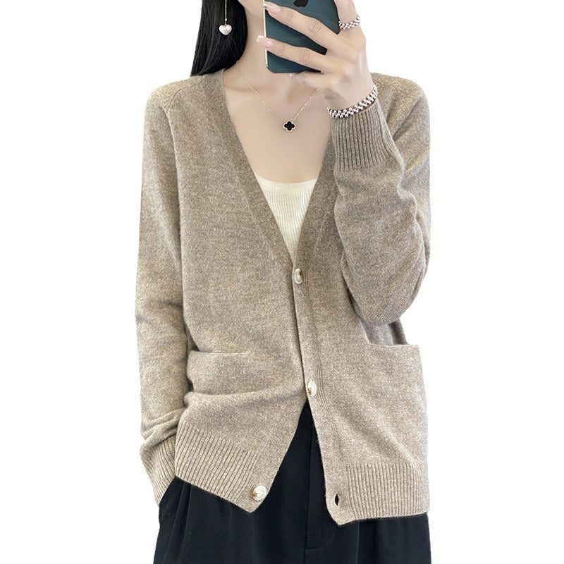Damen Lässiger Feinstrick-Cardigan mit V‑Ausschnitt, Eingrifftaschen und breitem Rippbund Echoarchiv