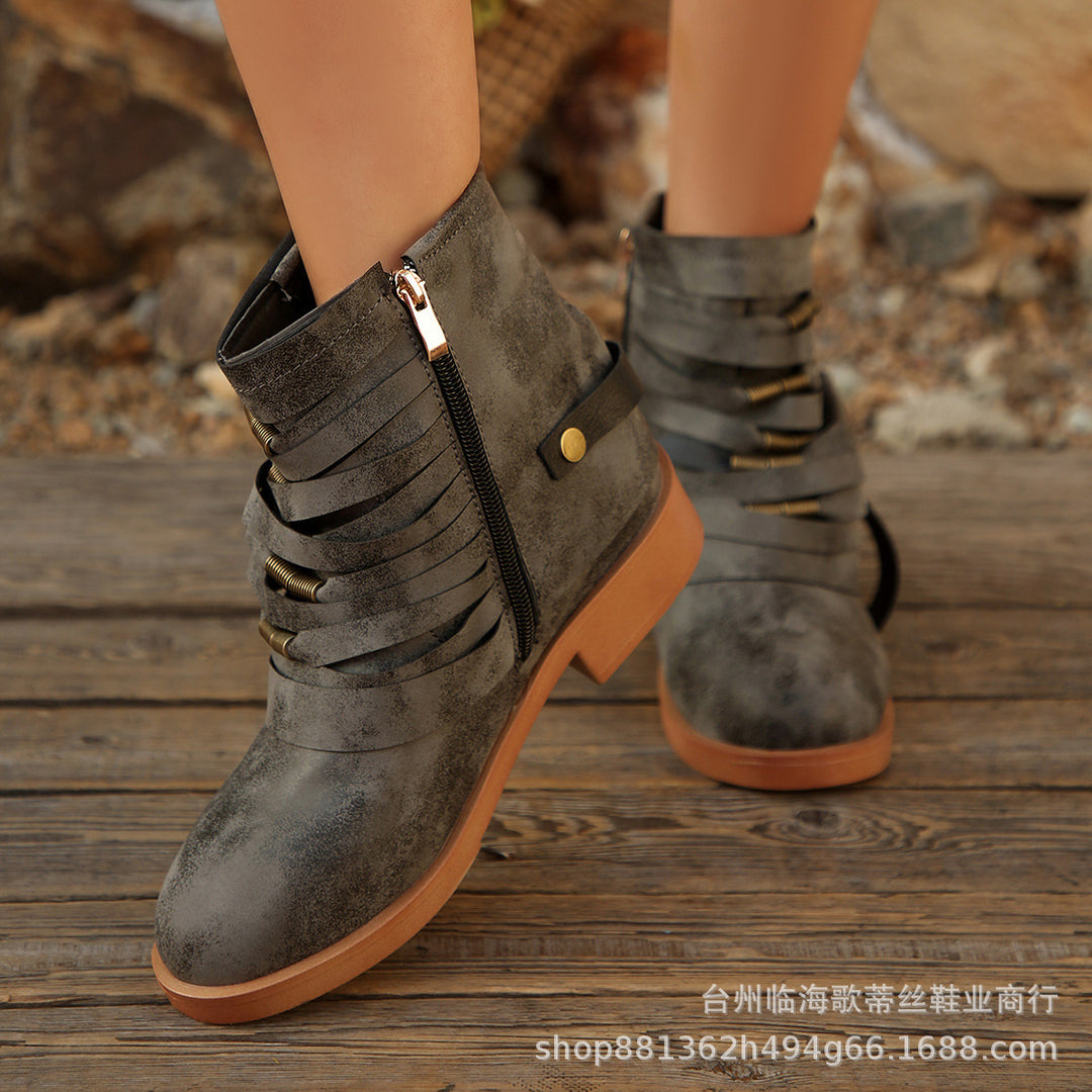 Damen Fransen-Ankle-Boots mit geschichteten Riemen und seitlichem Reißverschluss – Varelle