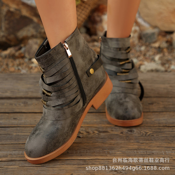 Damen Fransen-Ankle-Boots mit geschichteten Riemen und seitlichem Reißverschluss – Varelle