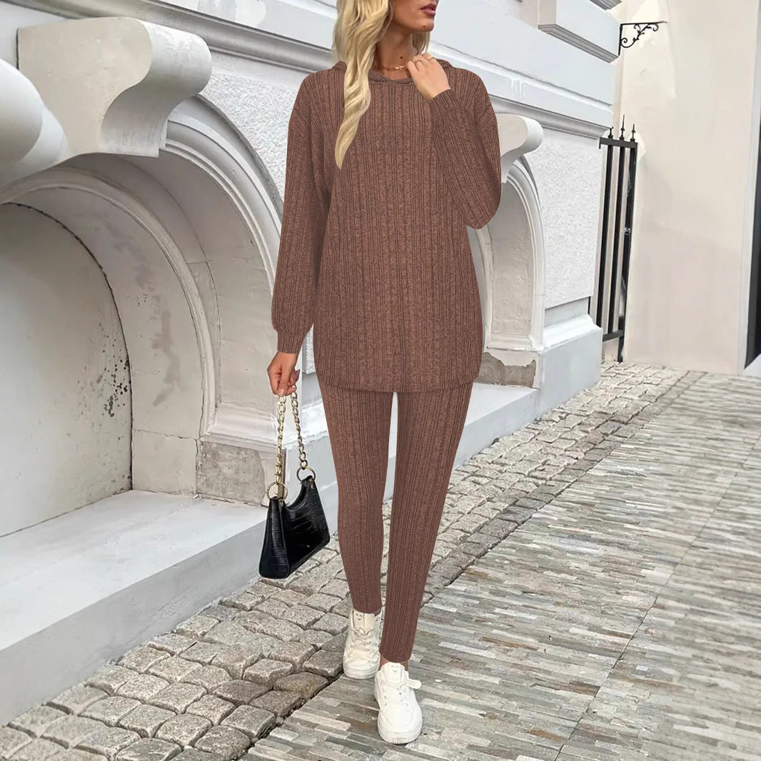 Damen Geripptes Feinstrick‑Loungewear‑Set mit Kapuzenpullover und hochtaillierten Leggings Echoarchiv