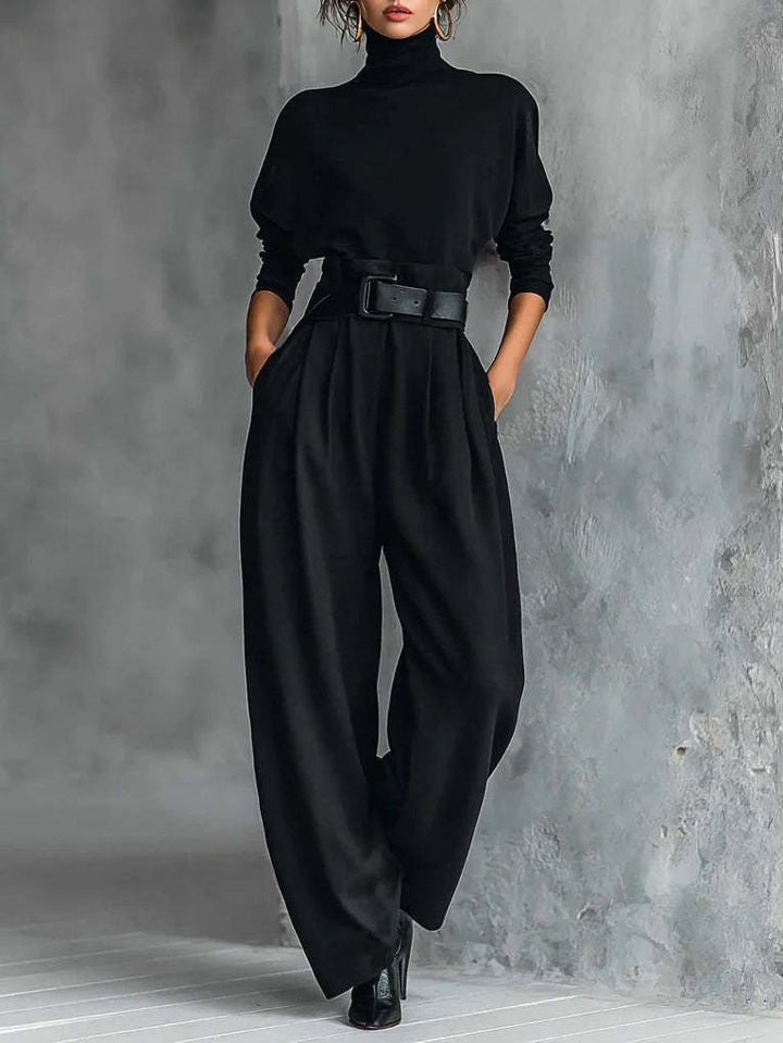 Damen nan elegante hochgeschnittene Plisseehose mit weitem Bein und Rollkragen-Feinstricktop Echo Archiv