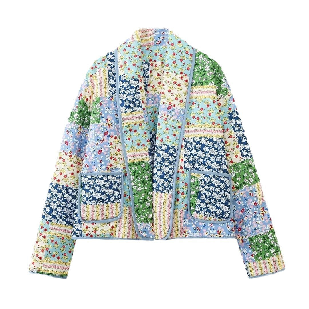 Damen Kurz geschnittene gesteppte Patchworkjacke mit aufgesetzten Taschen Echo Archiv