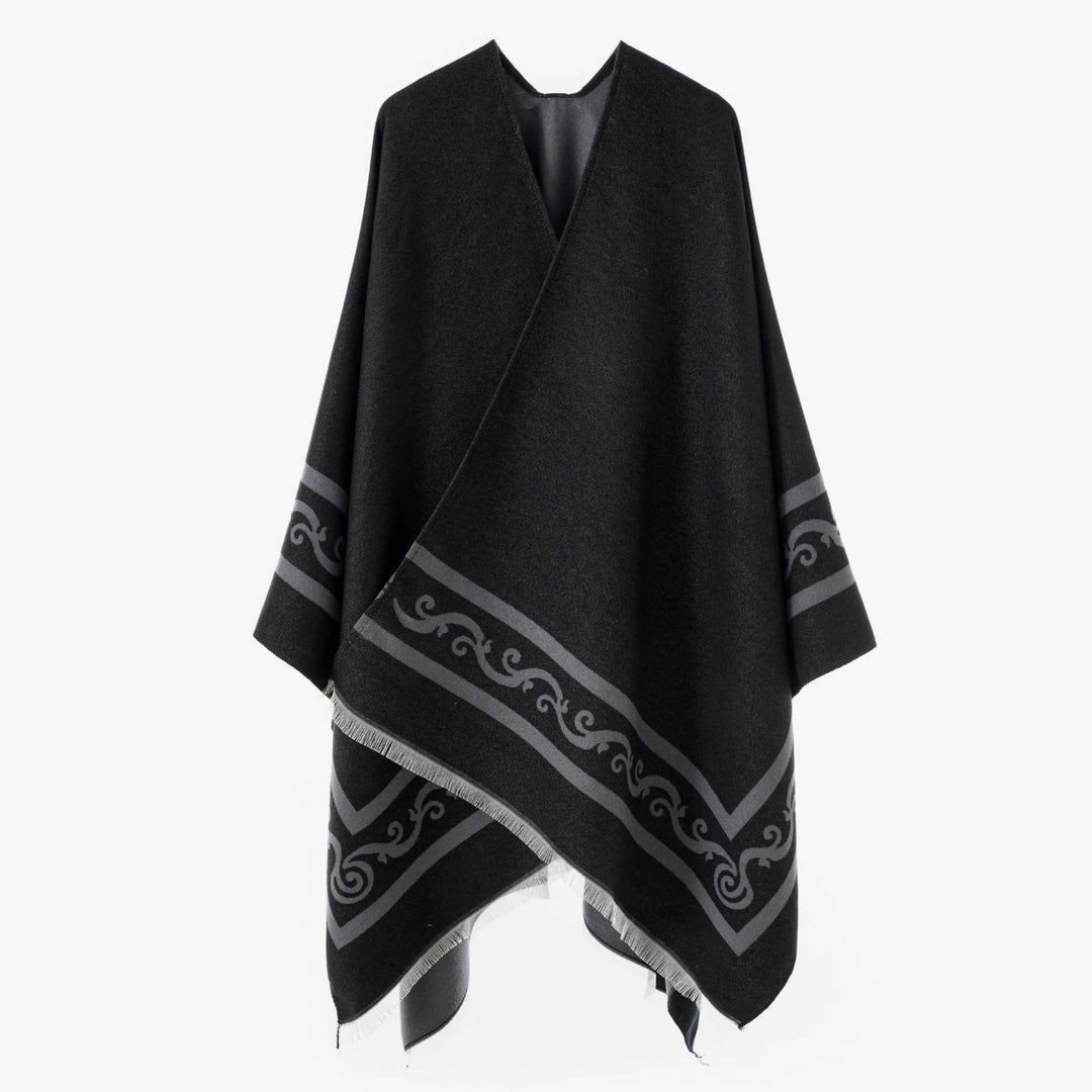 Damen Oversize-Cape mit geometrischem Jacquard und Fransensaum – Avérine