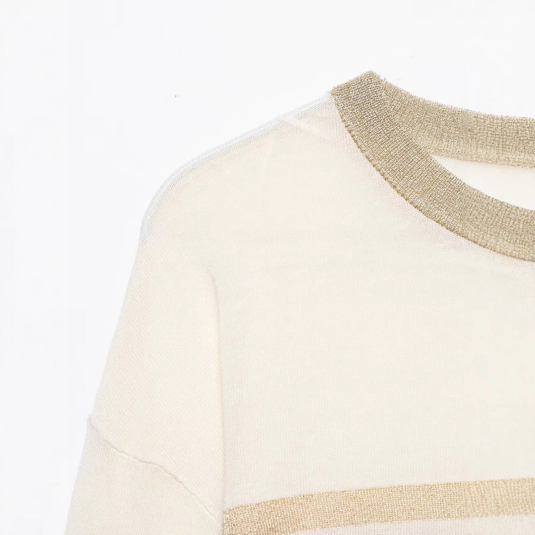 Damen Leichter gestreifter Feinstrickpullover mit Metallic‑Streifen und Rundhalsausschnitt Echo Archiv