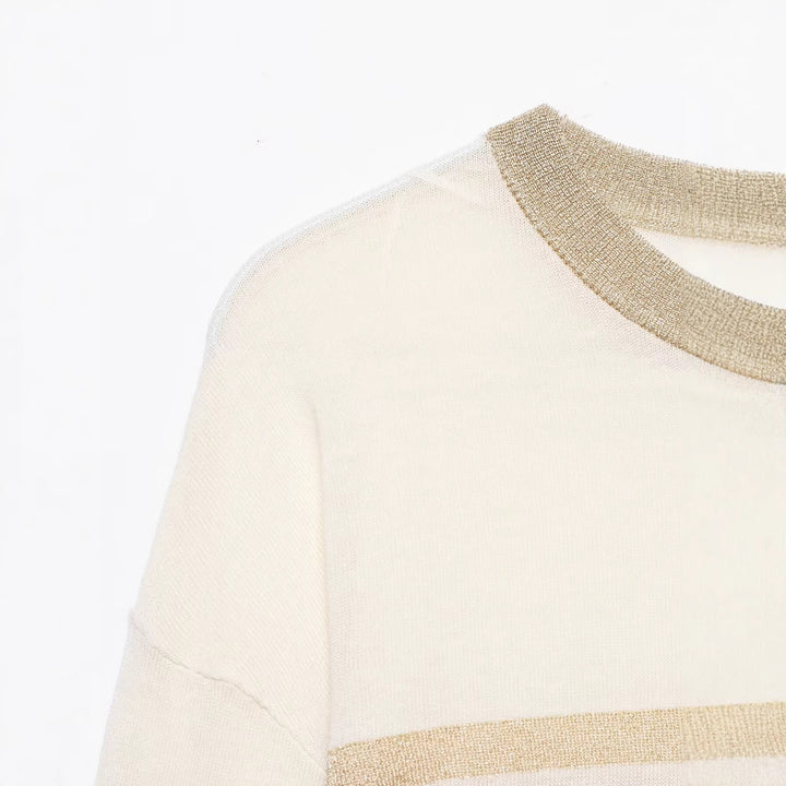 Damen Leichter gestreifter Feinstrickpullover mit Metallic‑Streifen und Rundhalsausschnitt Echo Archiv