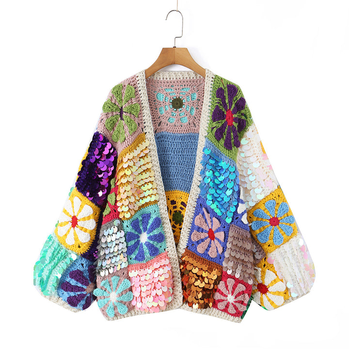 Damen verspielter Häkelpatchwork-Cardigan mit Pailletten und Blumenapplikationen Echoarchiv
