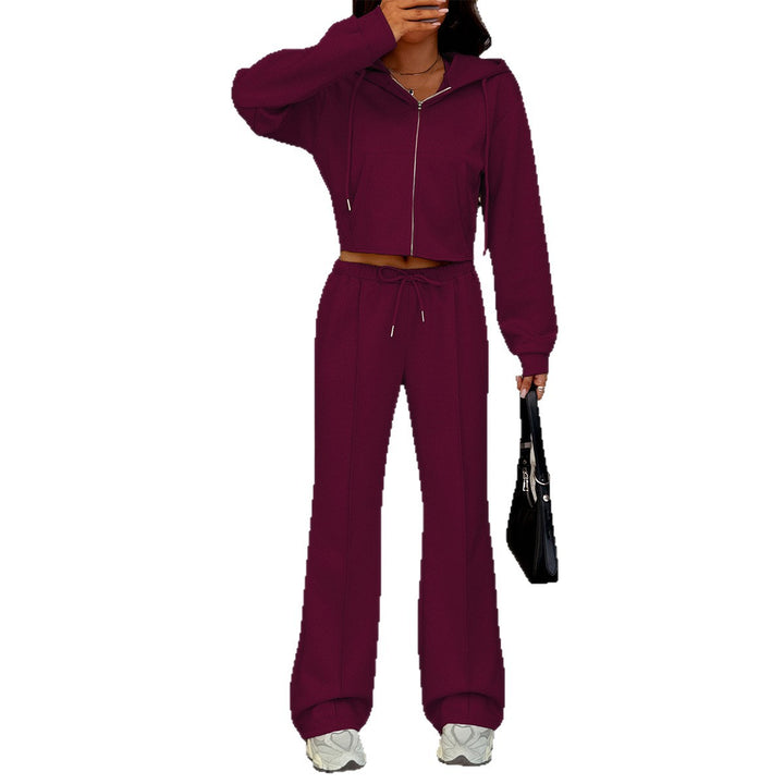 Damen kurzgeschnittenes Kapuzen-Sweatset mit Reißverschluss und hochtaillierter Schlaghose – Auréline